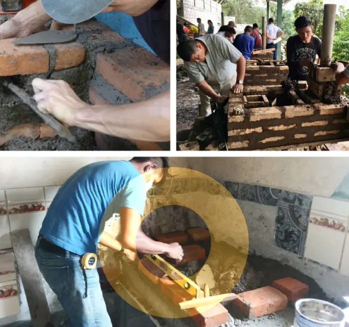 Proyector Mirador banner - 3 images of people building and using cookstoves